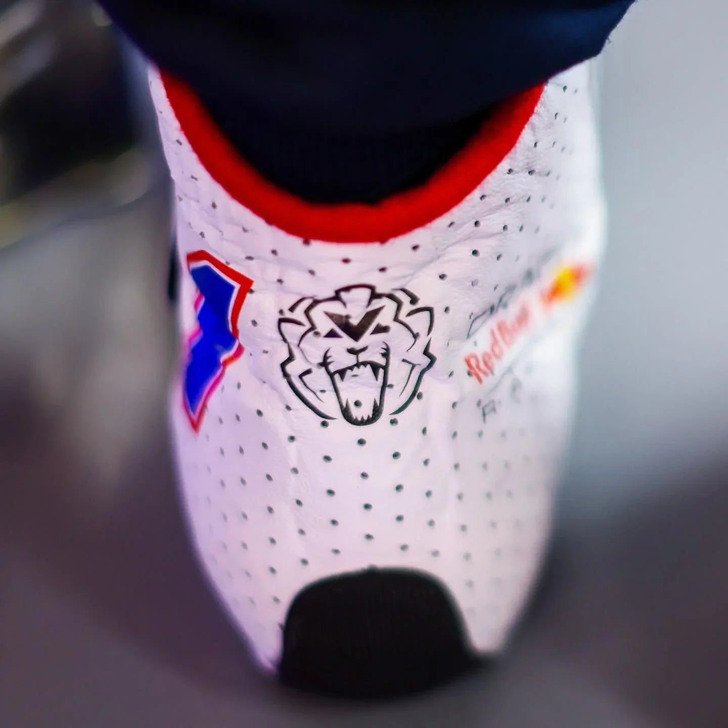 2025 Max Verstappen White Racing Shoes with Blue #1 and Lion Logo - F1 Vintage Racewear
